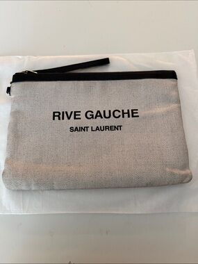 Saint Laurent Beige Canvas Rive Gauche Pouch with Black Trim